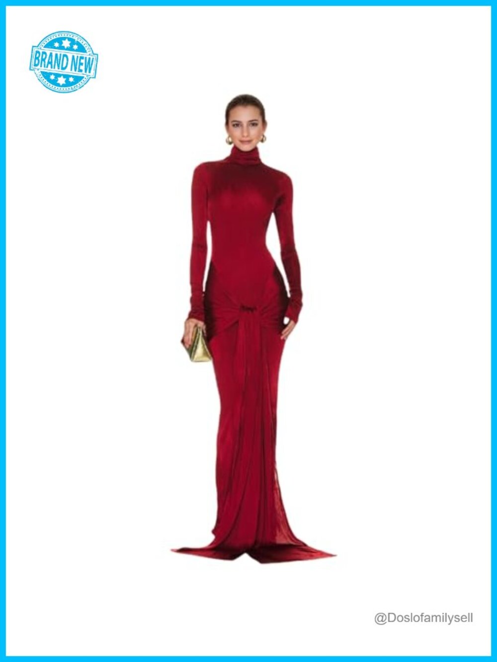 High Neck Long Sleeve Maxi Dress Tie Waist Bodycon Cocktail Party Dress